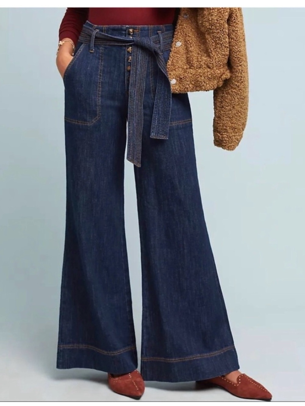 Anthropologie Pilcro Ultra High Rise Jean Denim Wide Leg Tie Waist Button Fly 27